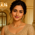 Saanvi Glossy Gold Diamond Necklace Set on model with matching earrings