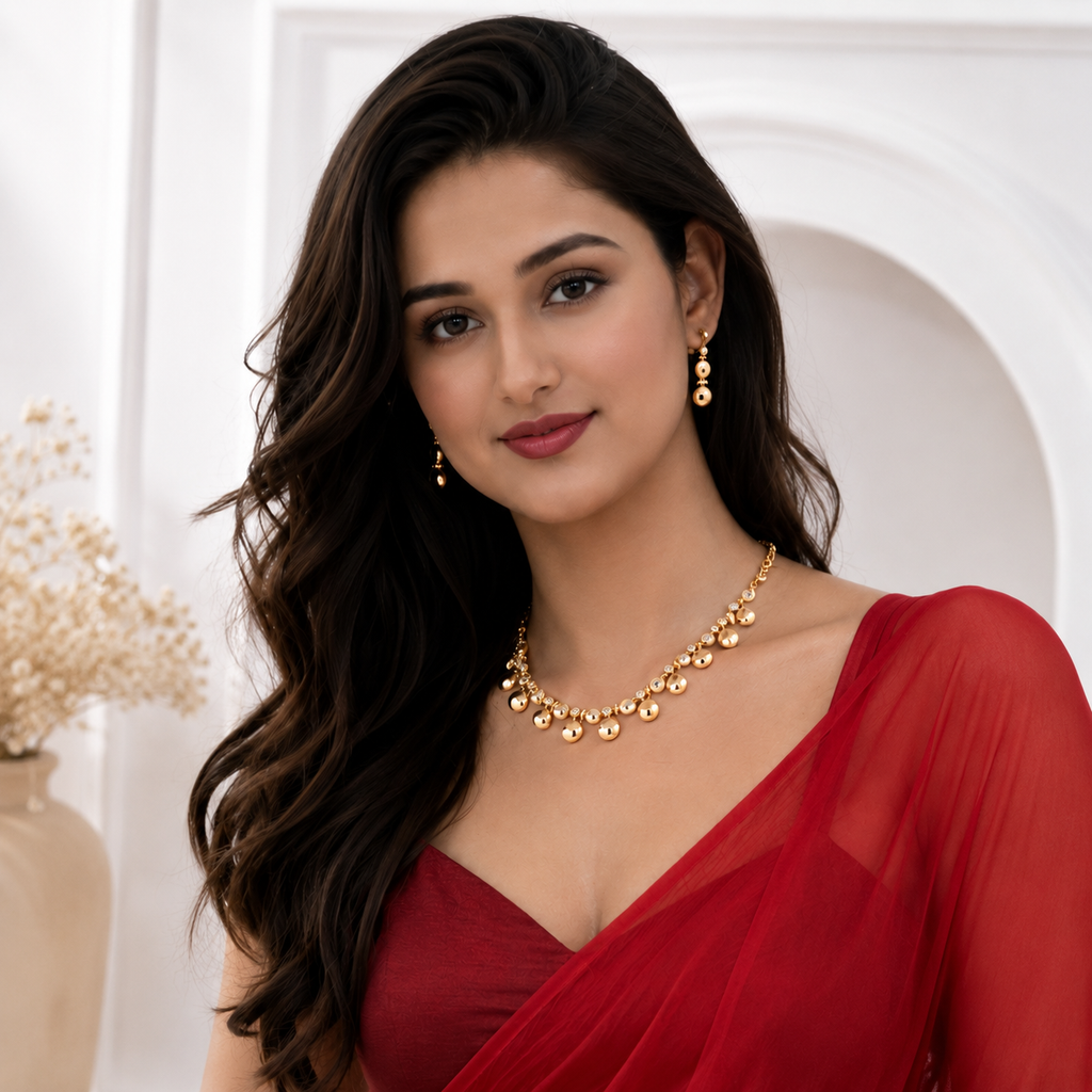 Saanvi Glossy Gold Diamond Necklace Set styled with red saree