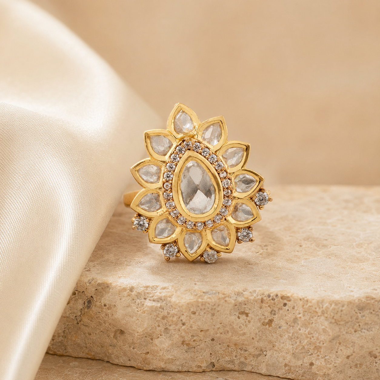 Lifestyle view of a clear stone floral statement ring for women