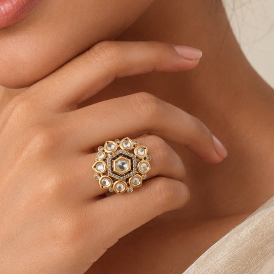 Woman wearing the Samaira gold-finish Kundan-look statement ring