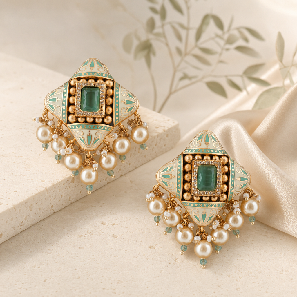 Samaira mint Meenakari pearl earrings displayed on ivory stone with champagne silk