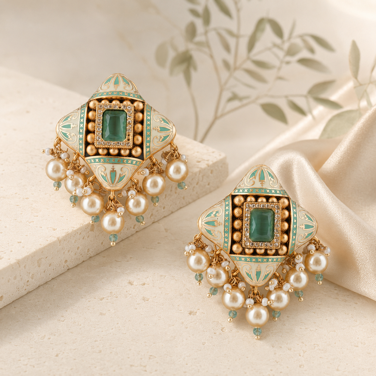 Samaira mint Meenakari pearl earrings displayed on ivory stone with champagne silk