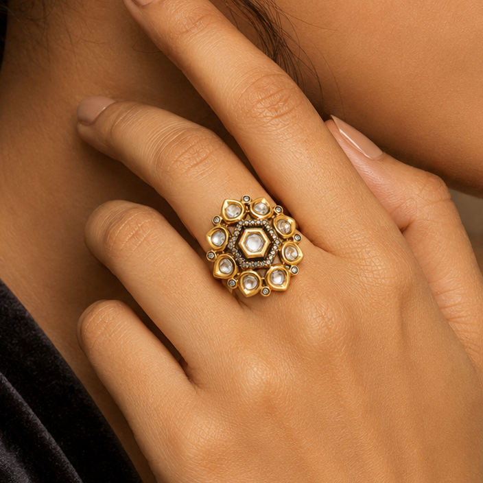 Samaira designer medallion finger ring styled on a woman’s hand