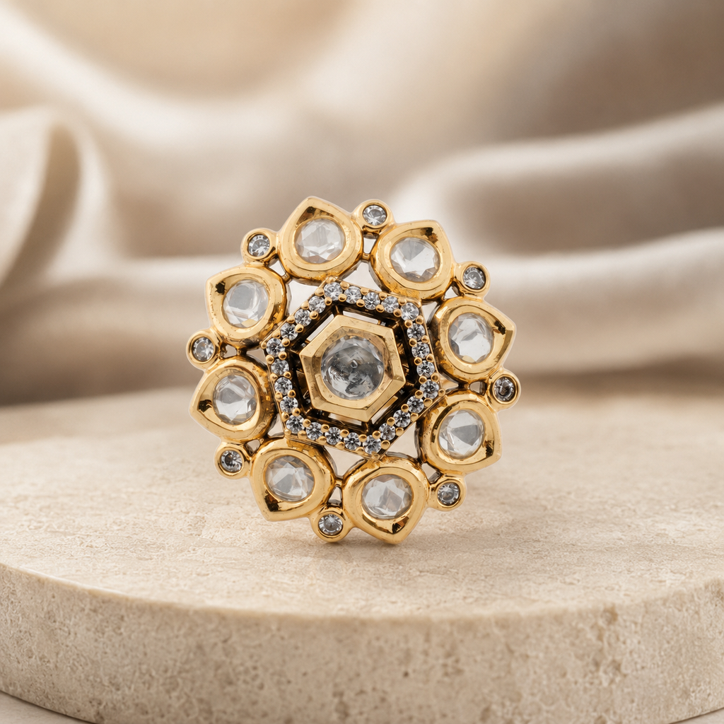 Samaira white-stone cocktail ring on an elegant product display