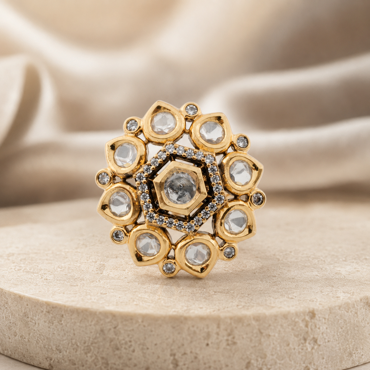 Samaira white-stone cocktail ring on an elegant product display