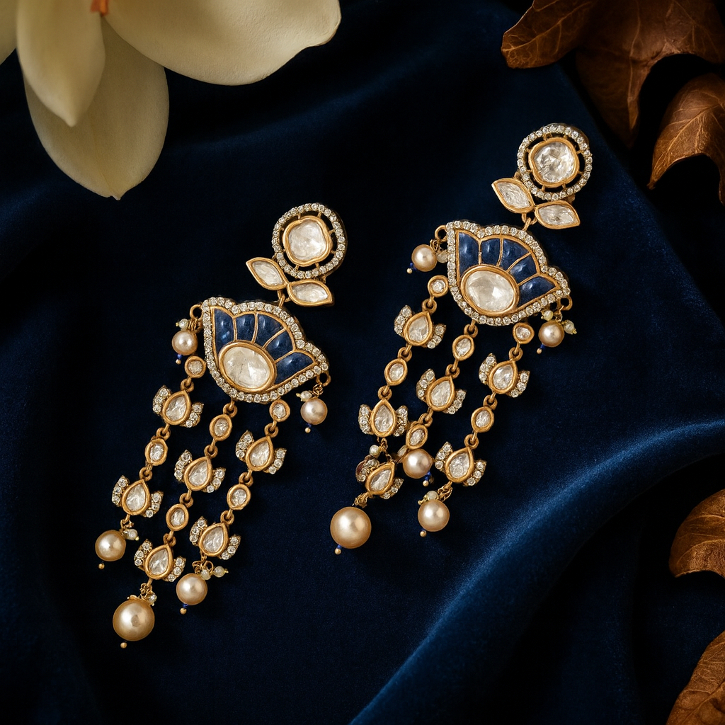 Ornate gold and blue earrings with pearls on a dark fabric background