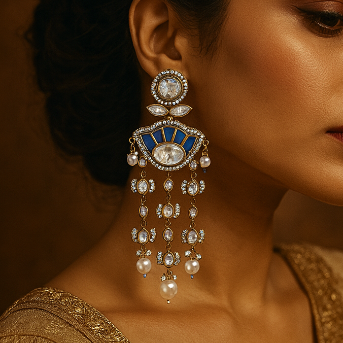 Woman wearing elaborate earrings with a warm background