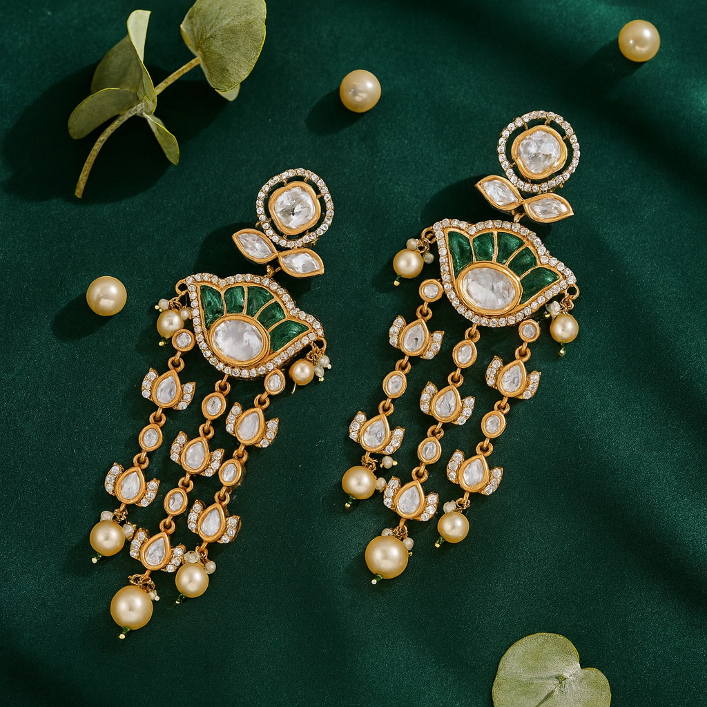 Ornate gold, green, and pearl earrings on a dark green background with leaves.