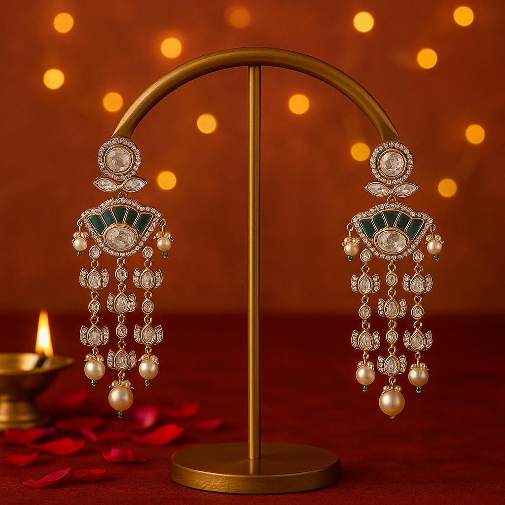 Ornate earrings on a gold stand with a warm, blurred background