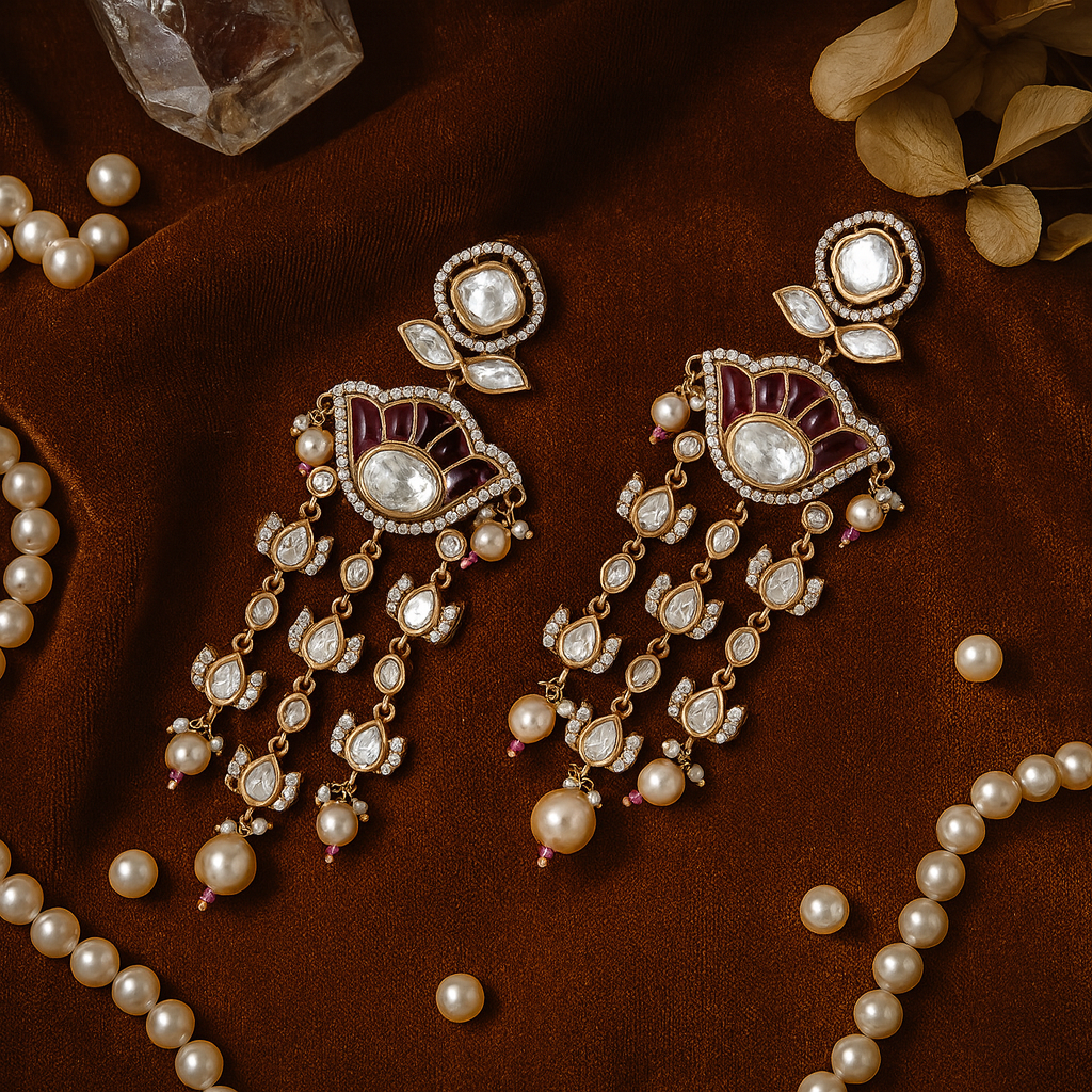 Ornate earrings with pearls on a brown fabric background