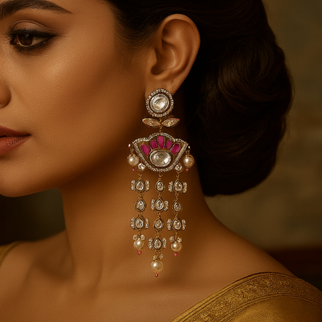 Woman wearing ornate earrings with a warm, blurred background