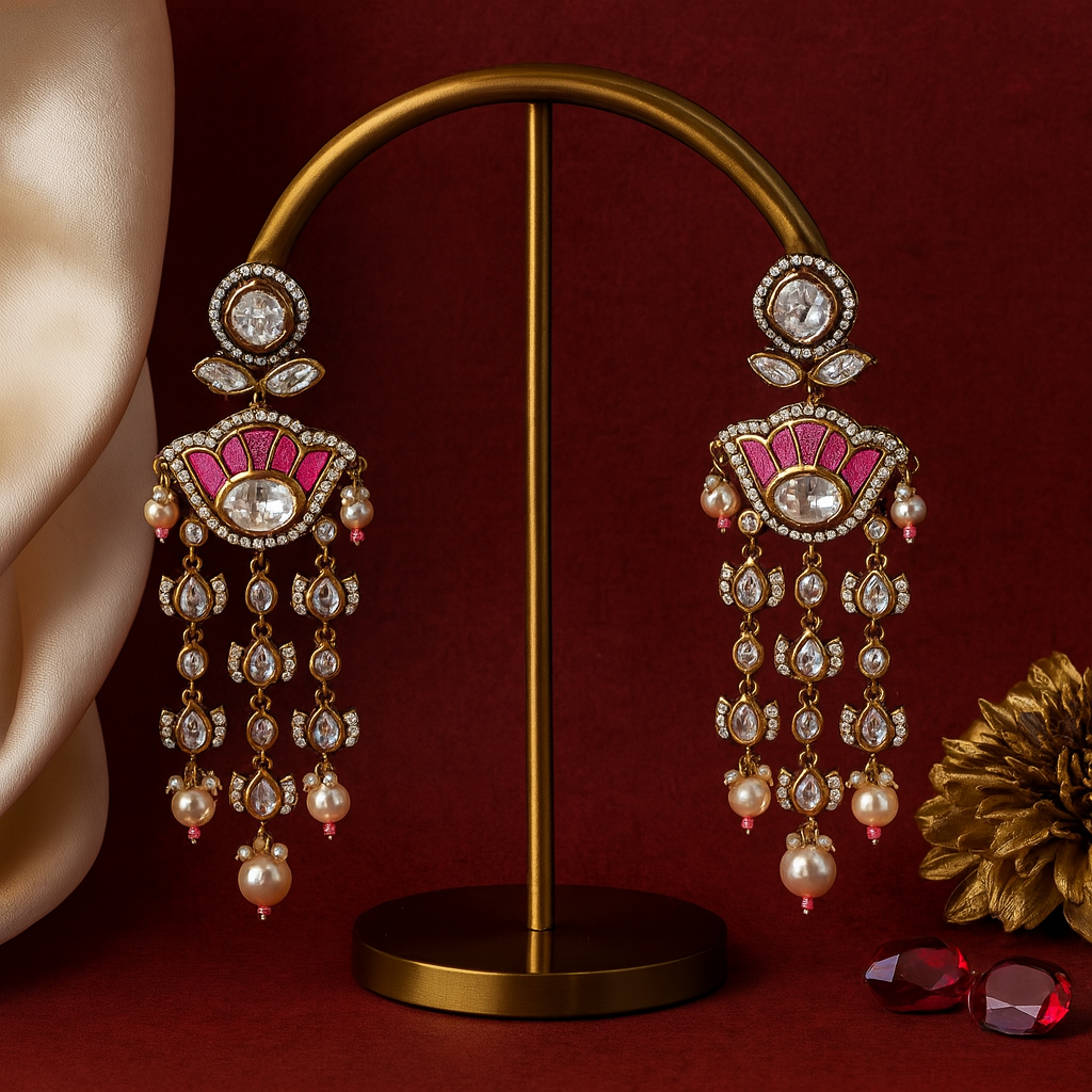 Ornate earrings on a gold stand against a red background