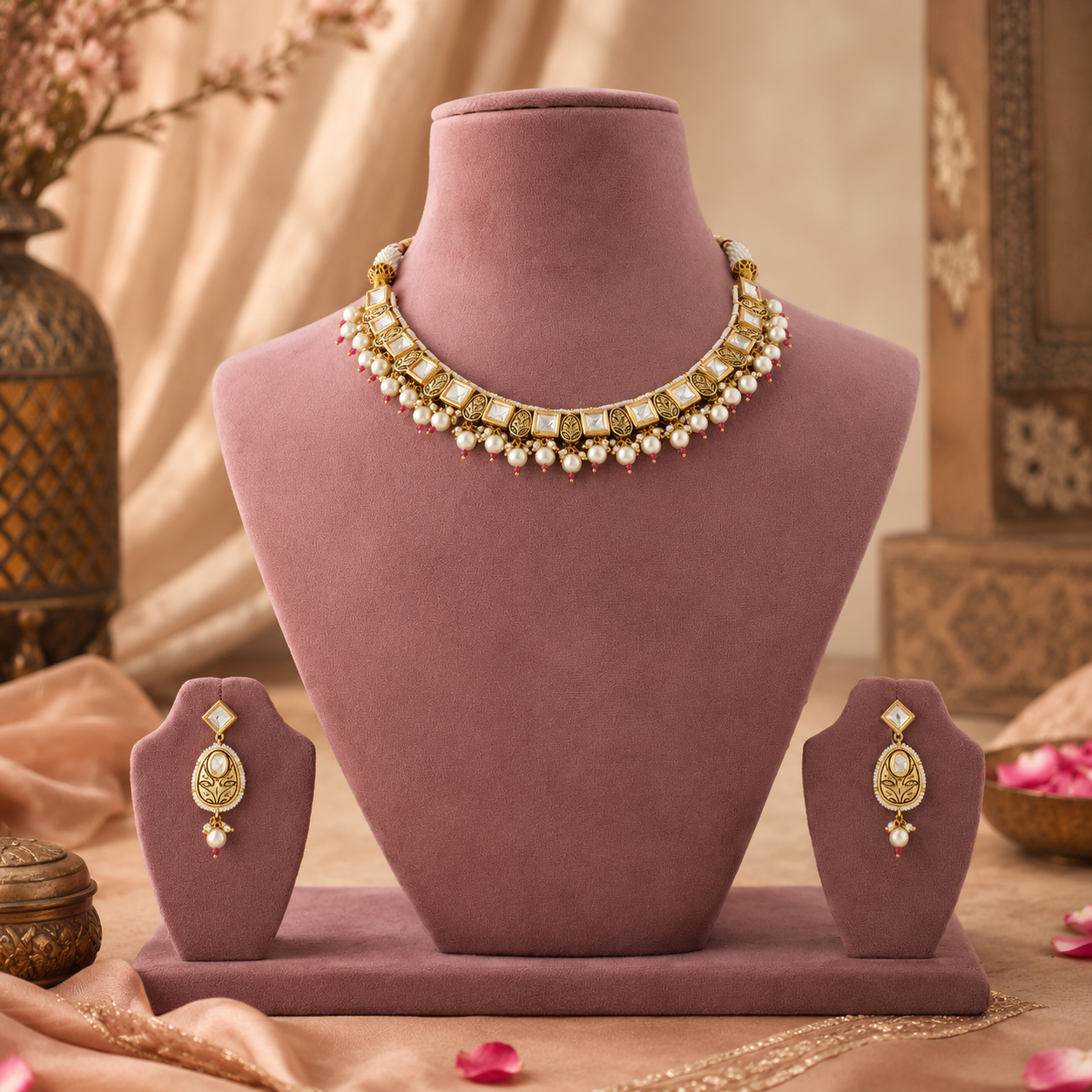 Svarnika Diamond Pearl Engraved Choker Set with matching earrings