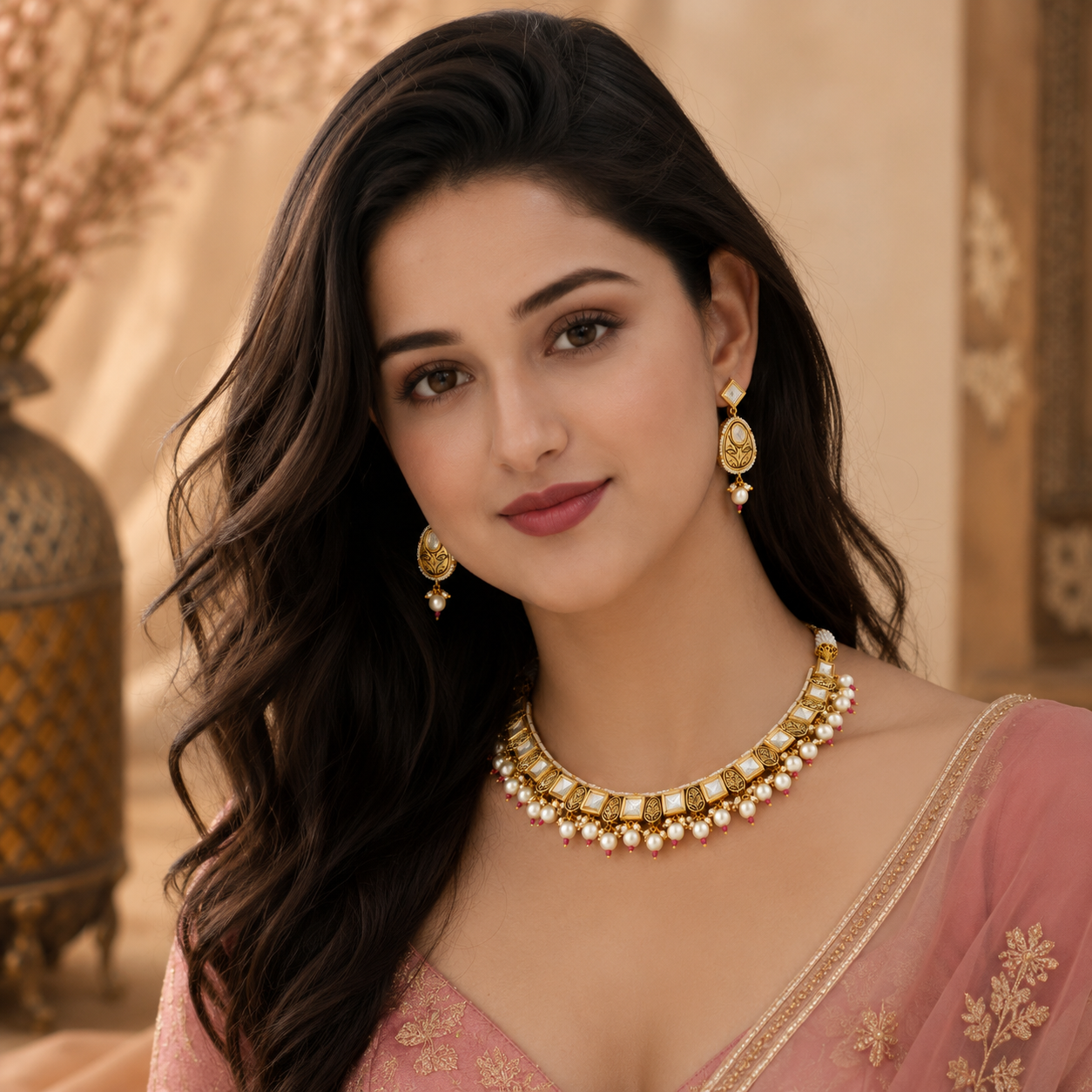 Svarnika Diamond Pearl Engraved Choker Set on model
