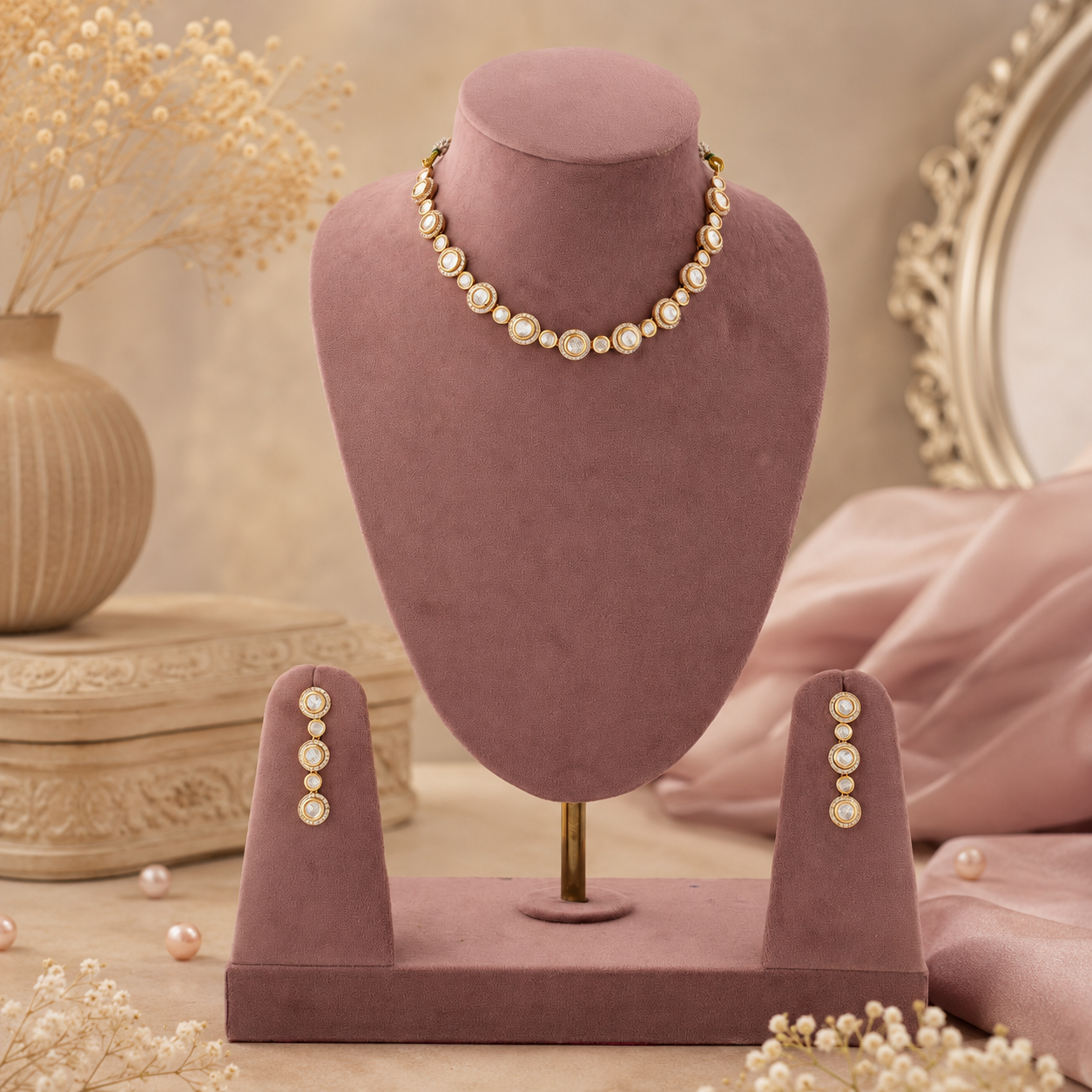 Tarini Gold Halo Diamond Necklace Set by Zoi Craft