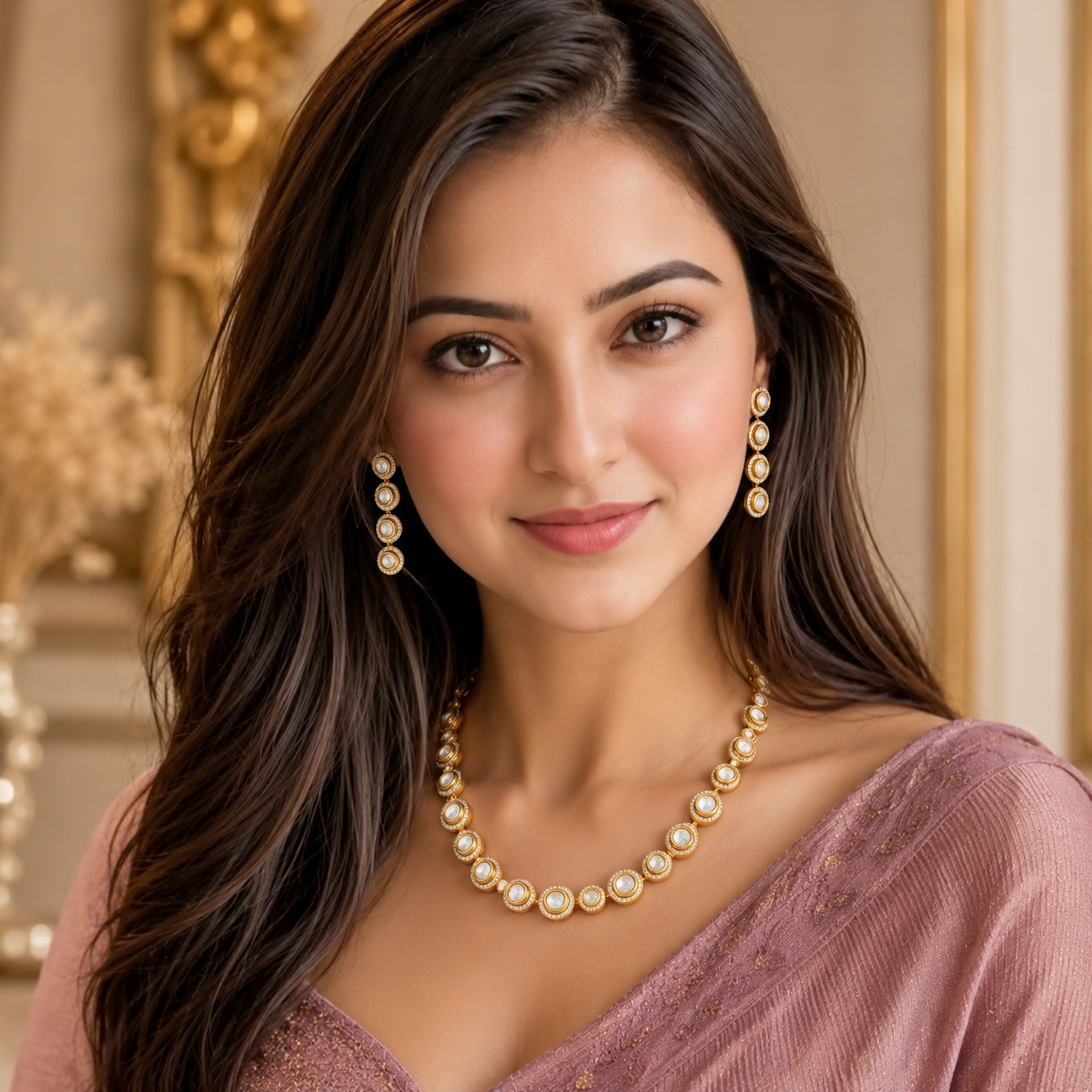 Tarini Gold Halo Diamond Necklace Set on model