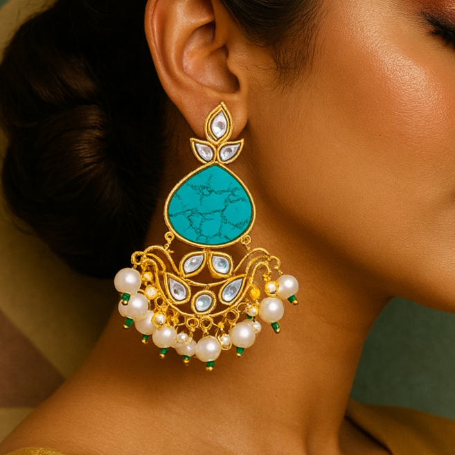 Woman wearing large, ornate earrings with a geometric patterned wall in the background