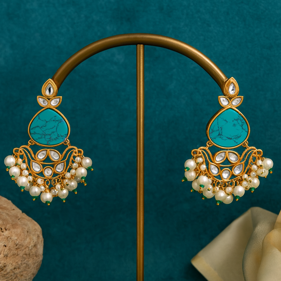 Ornate earrings with turquoise stones and pearl-like beads on a stand against a teal background.