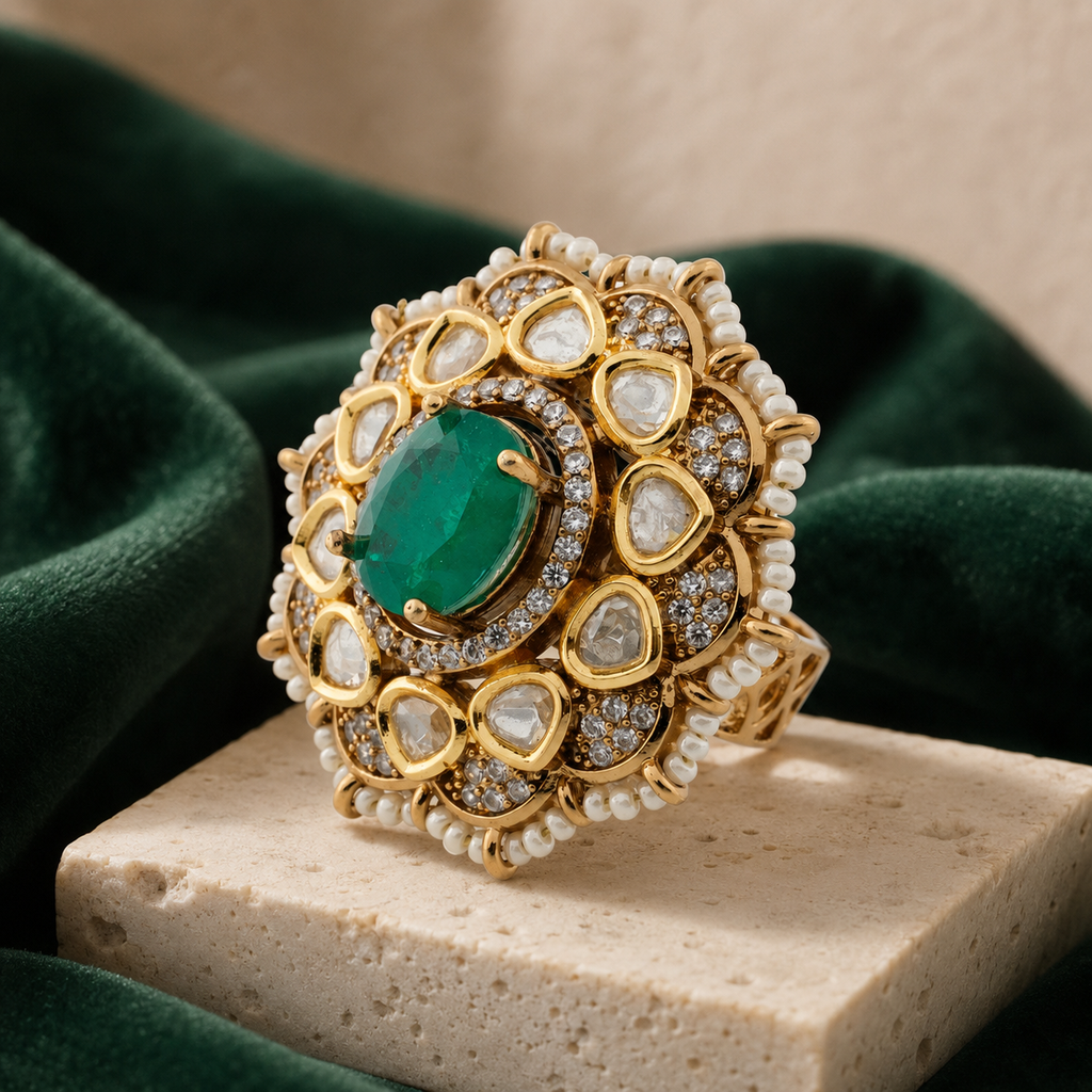 Gold-finish green Kundan-look statement ring displayed on a neutral luxury backgroun