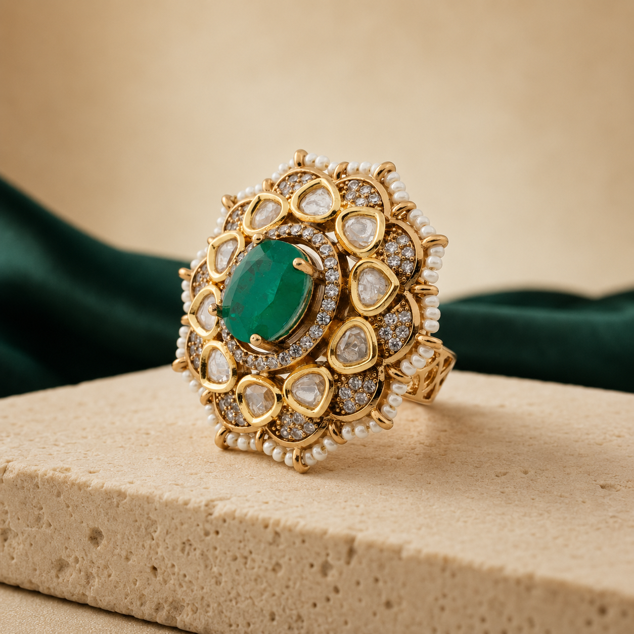 Vaidehi green bridal statement ring with clear stones and pearl-like detailing
