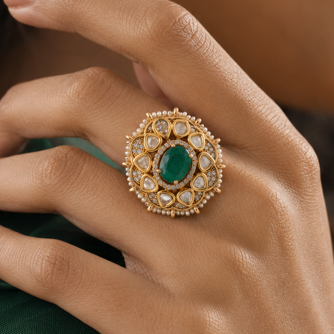Woman wearing the Vaidehi green and gold statement finger ring by Zoi Craft