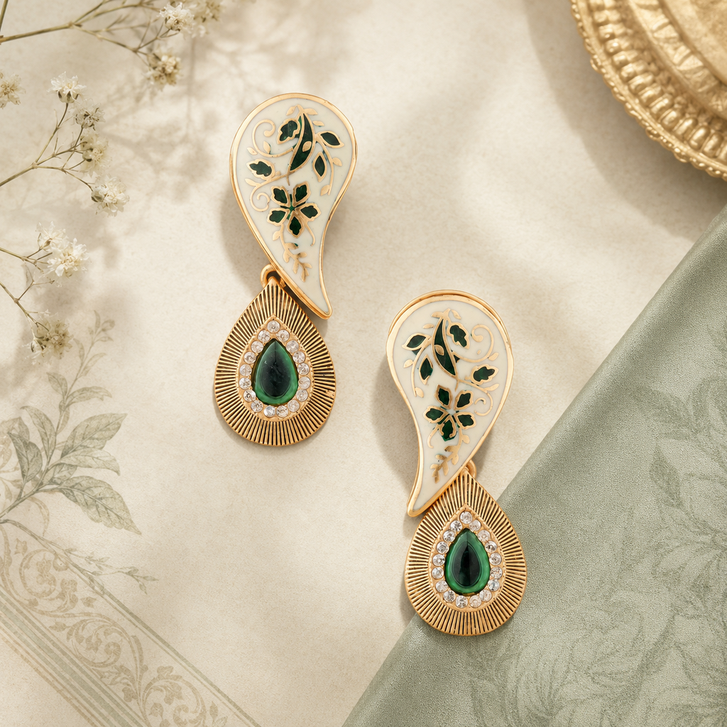 Vanya Ivory Meenakari Paisley Drop Earrings