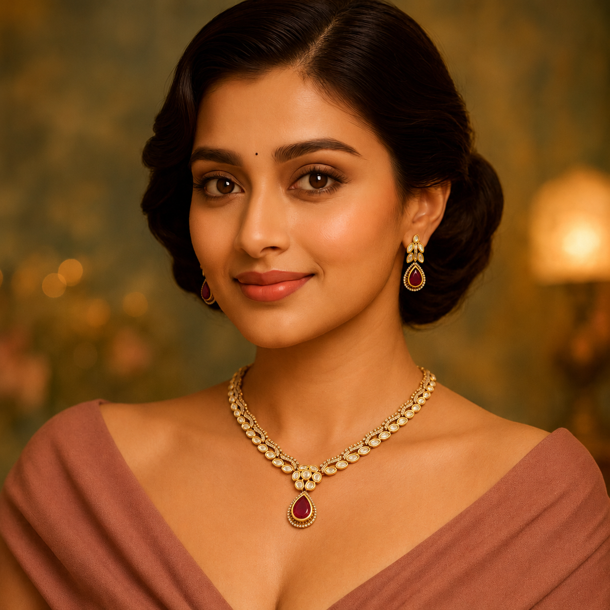 Model wearing Varnika ruby drop necklace set with clear diamond-look stones