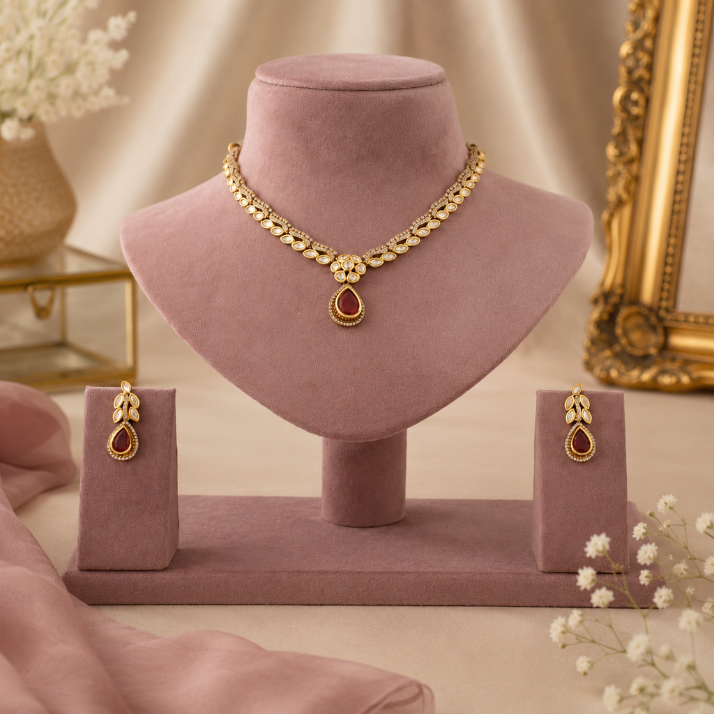 Gold-tone imitation necklace set with ruby teardrop pendant and matching earrings