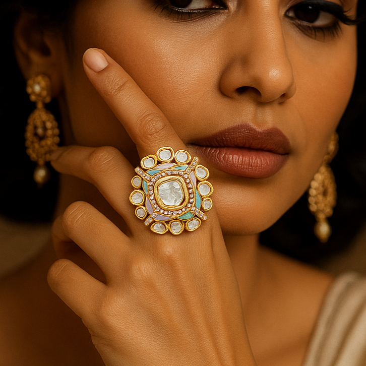 vibrant Minakari with polki center stone ring