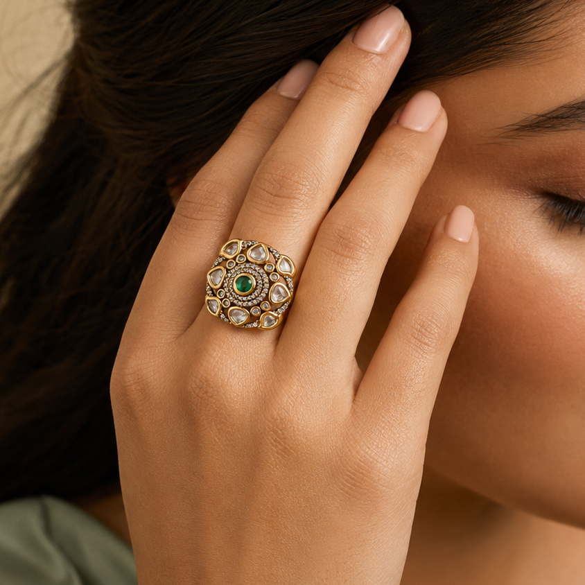 Woman wearing the Vihana gold-finish Kundan-look statement ring