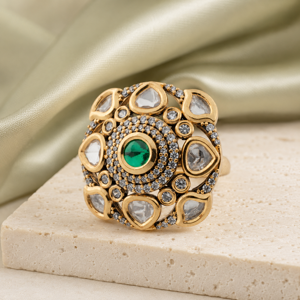 Vihana white-stone cocktail ring with green centre on a luxury background