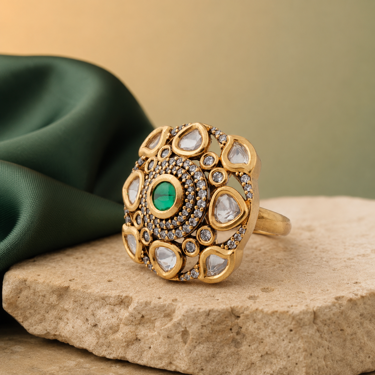 Gold-finish Kundan-look statement ring displayed with deep green fabric
