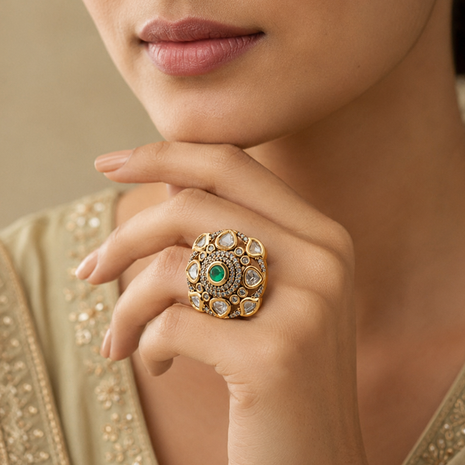 Vihana designer finger ring with green centre styled on a woman’s hand