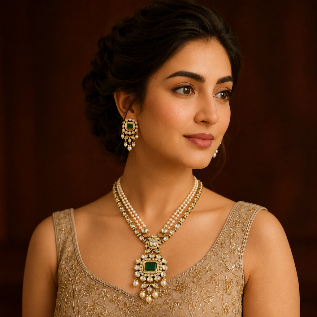 Model wearing Zareen emerald-green artificial necklace set with matching earrings