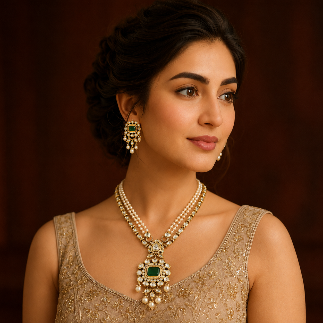 Model wearing Zareen emerald-green artificial necklace set with matching earrings