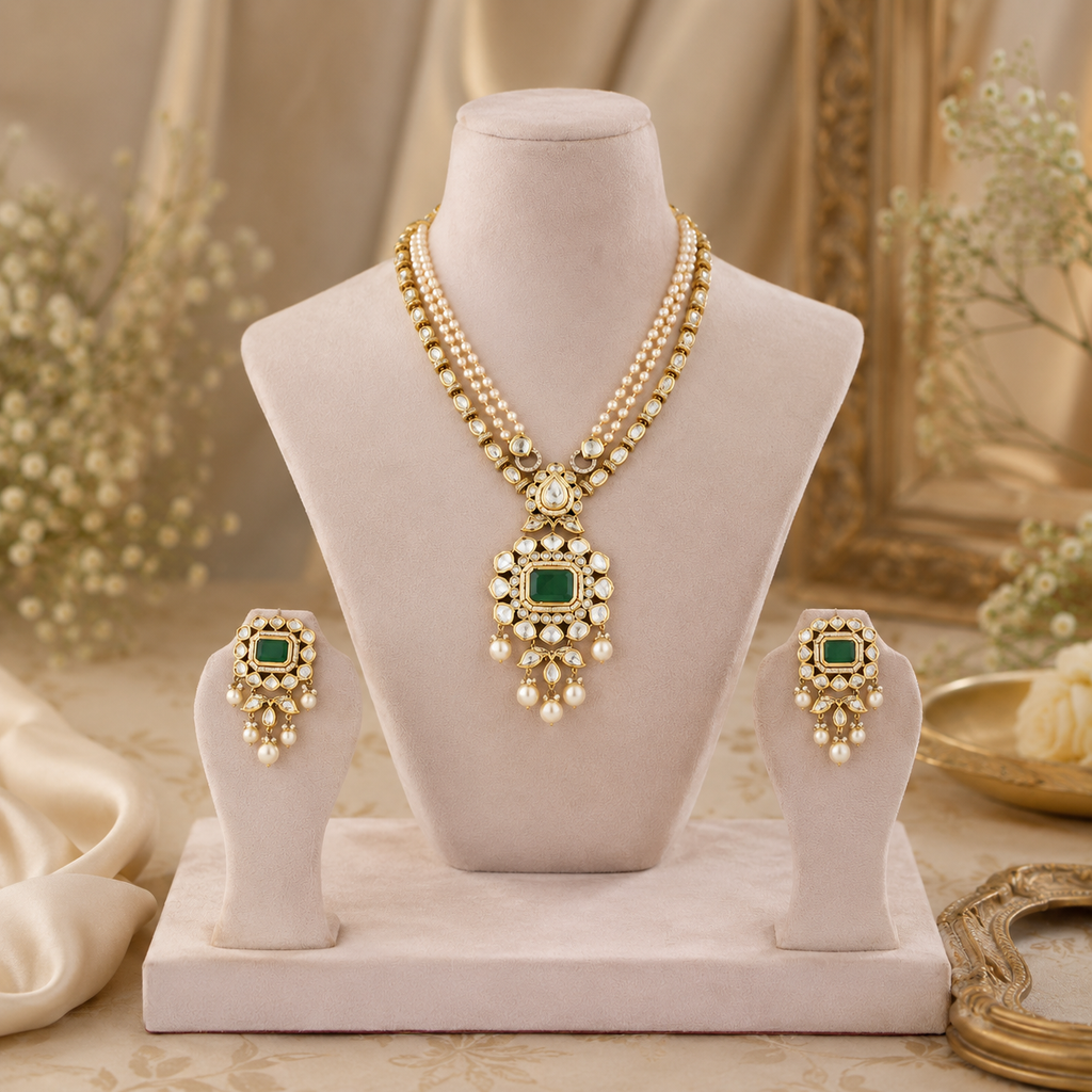 Zareen emerald-green necklace and earrings set with pearl-look strands and gold-tone detailing