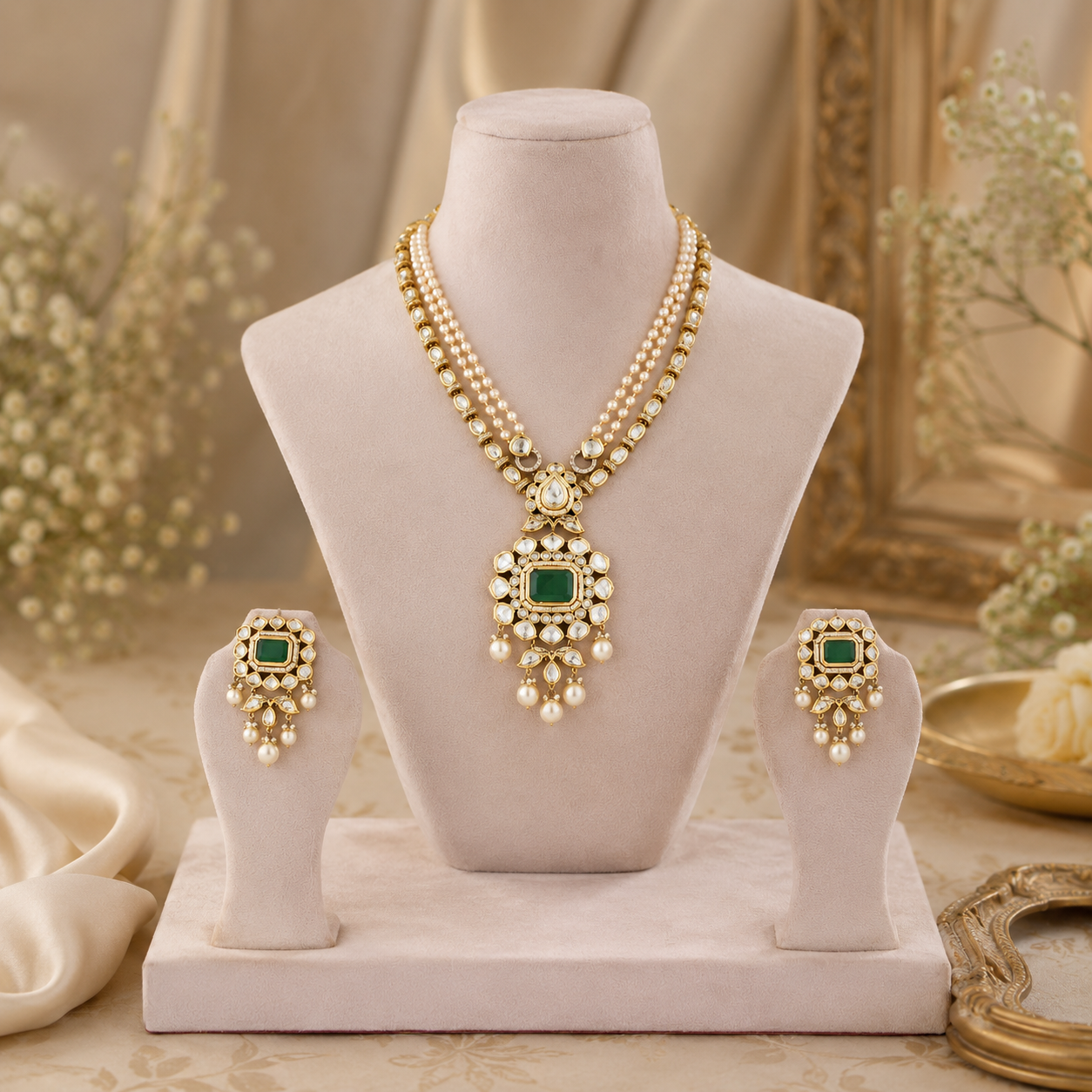 Zareen emerald-green necklace and earrings set with pearl-look strands and gold-tone detailing