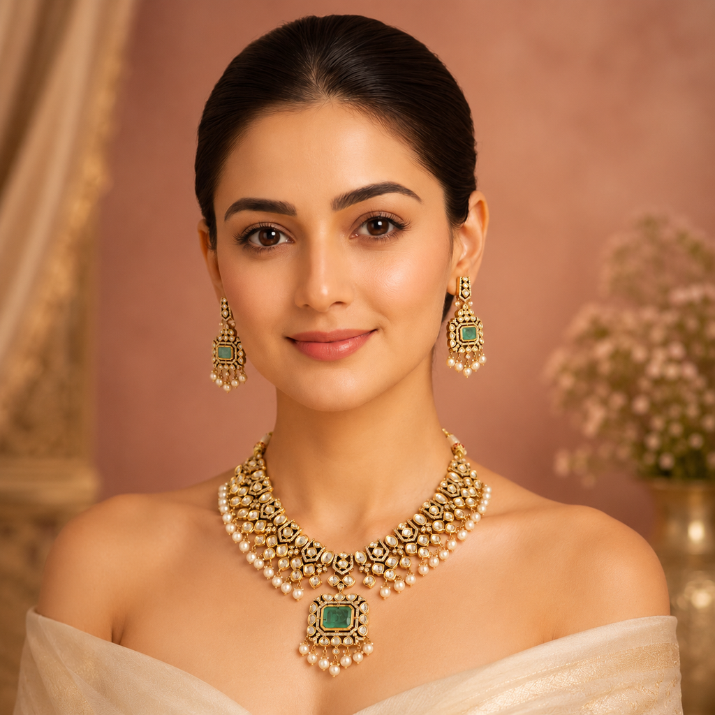 Model wearing Zareeva gold green bridal necklace set with diamond-look stones