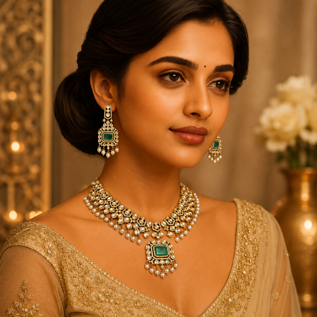 Zareeva traditional necklace and earrings set styled for a wedding occasion