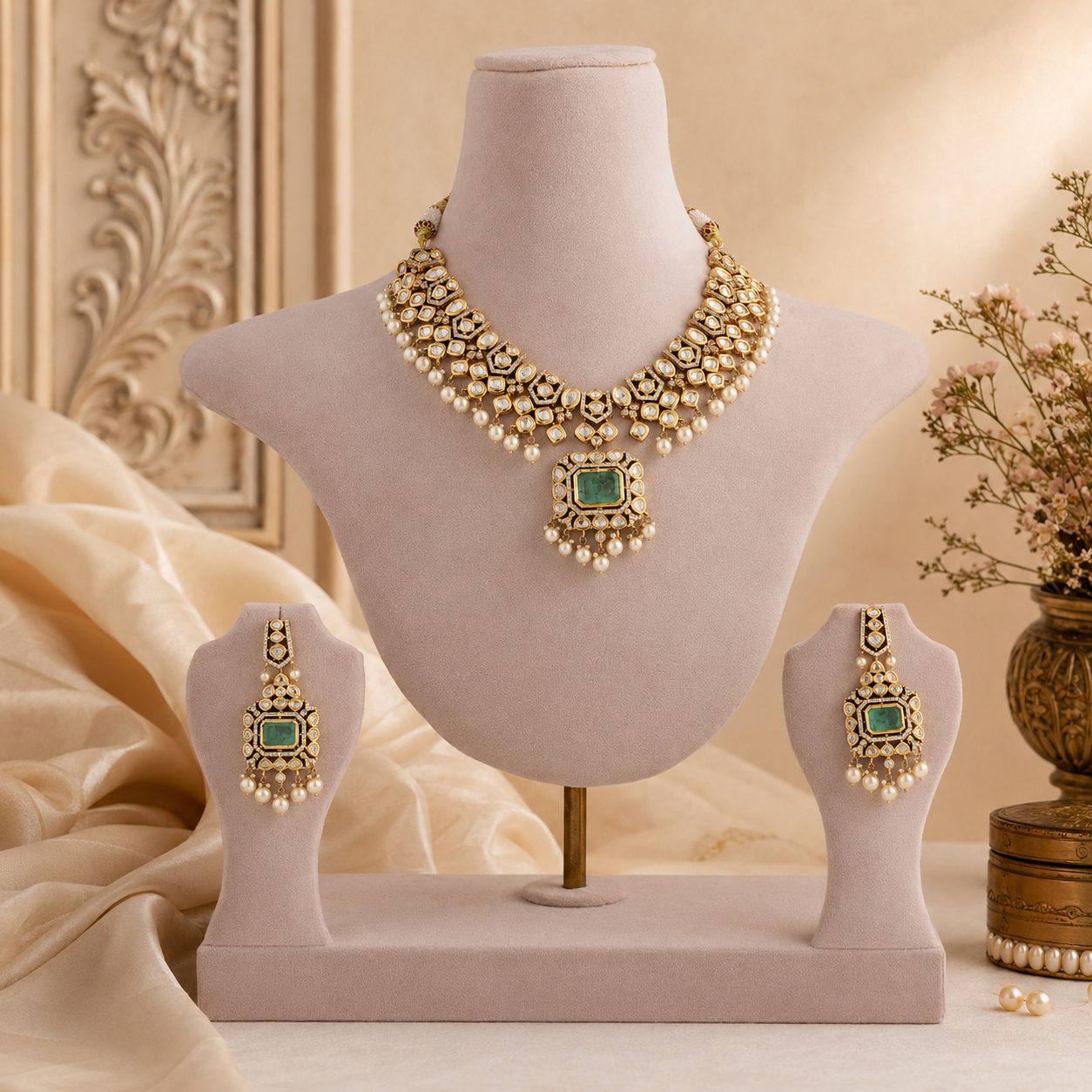 Gold-tone imitation necklace set with green statement stones and pearl-look drops