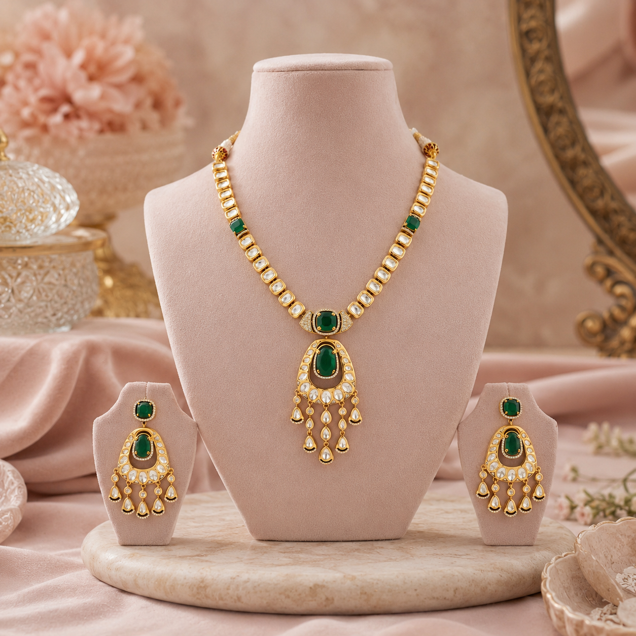 Zayra gold-tone necklace set with emerald-green stones and diamond-look Kundan drops