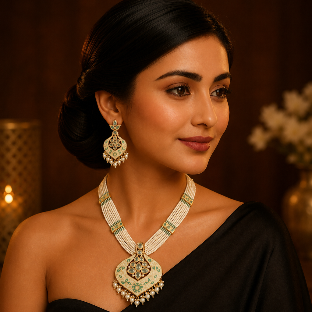 Zivanya mint necklace and earrings set styled with a black traditional outfit