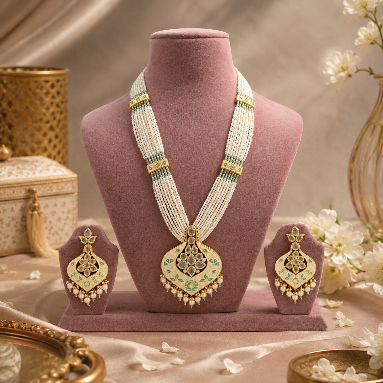 Mint-green imitation necklace set with enamel-style pendant and pearl-look drops
