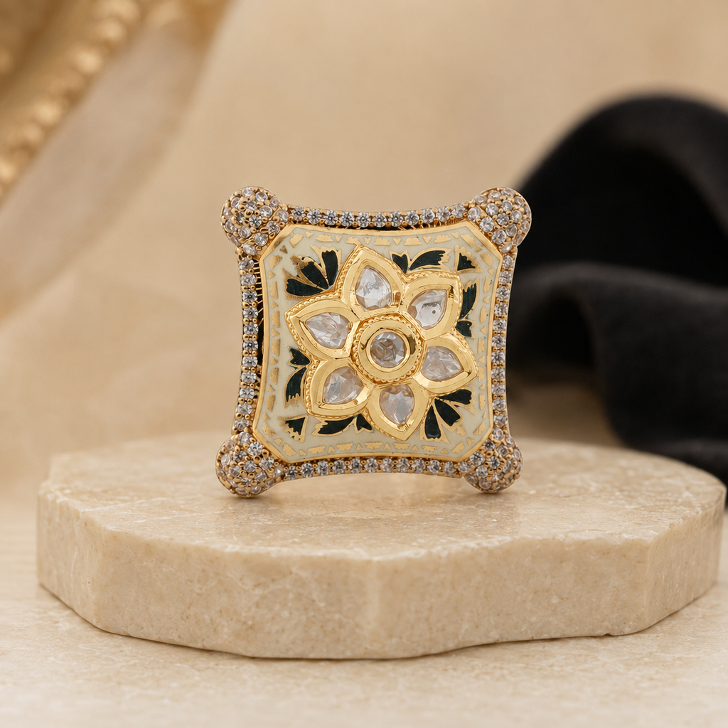 Ziya square cocktail ring with floral Kundan-look stones and clear border